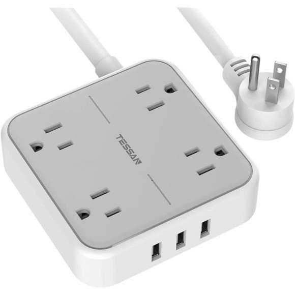 Power Strip with 3 USB Ports, 5 ft Extension Cord Flat Plug with 4 Outlets - Picture 1 of 6
